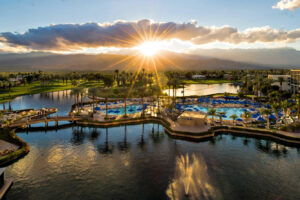 A wide shot of a beautiful waterfront resort in Palm Springs, California