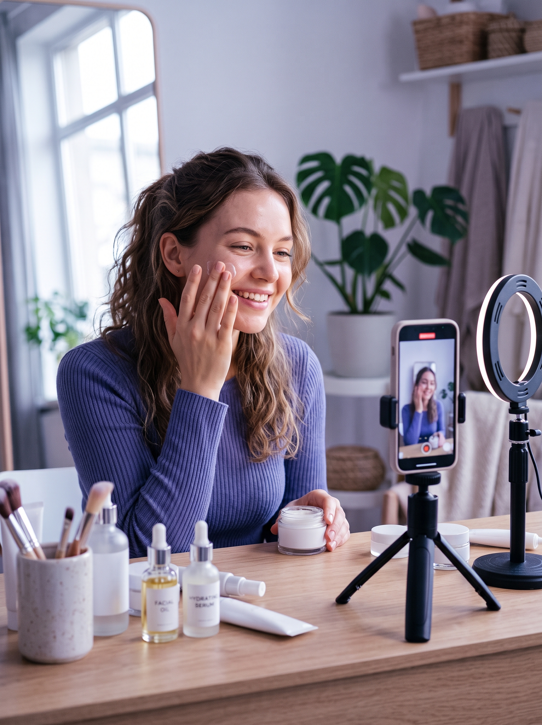 A beauty influencer smiles at her phone camera and ring light while she puts makeup on her cheek.